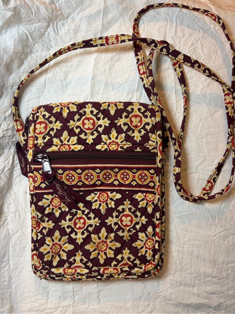 Vera Bradley Burgundy Quilted Crossbody with Yellow & Cream Floral Motif